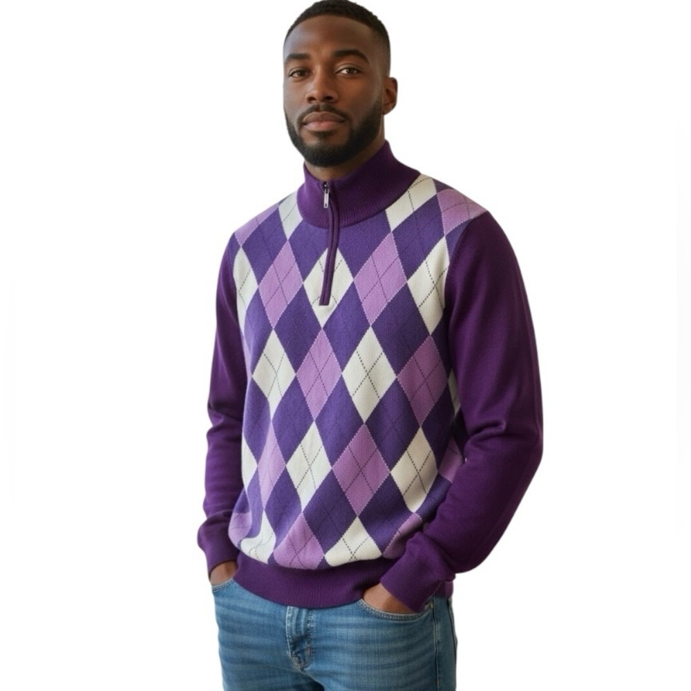 Purple Men's Argyle Wool Cashmere Blend Quarter Zip Long Sleeve Pullover Medium